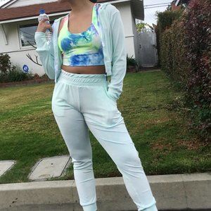 D" YUKI Activewear Set Jogger Crop Hoodie Zip up Velour Tie Dye Stretch Green  M